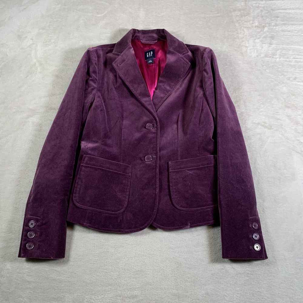 GAP Blazer‎ Womens 2 Purple Stretch Velveteen Two Button Patch Pocket Jacket